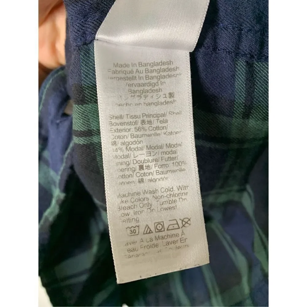J. Crew flannel pajama top button front blue and green size XS